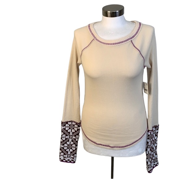 NWT FREE PEOPLE Tan Brown/white thermal sweater - Picture 5 of 11